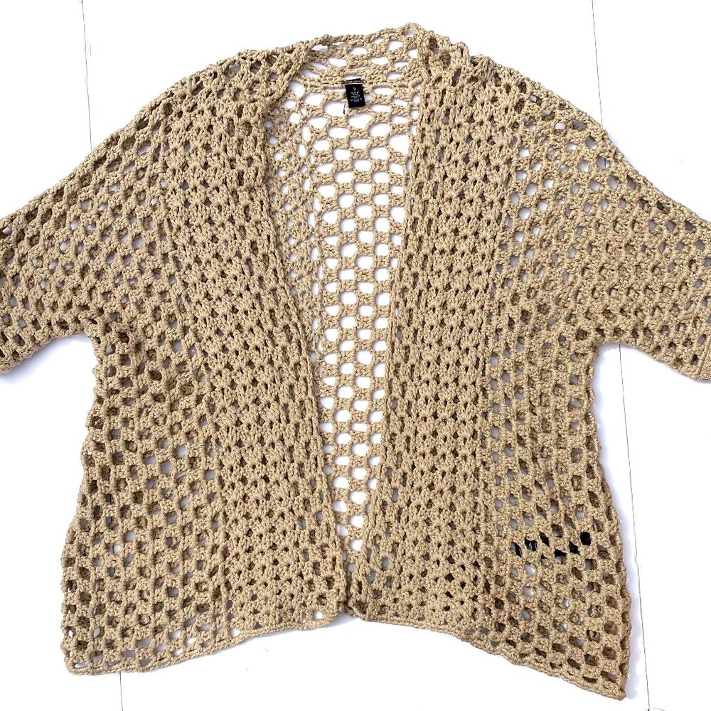 Women’s Chico’s Black Label Open Front Crochet Short Sleeve Sweater, Taupe/Metal - Picture 2 of 8